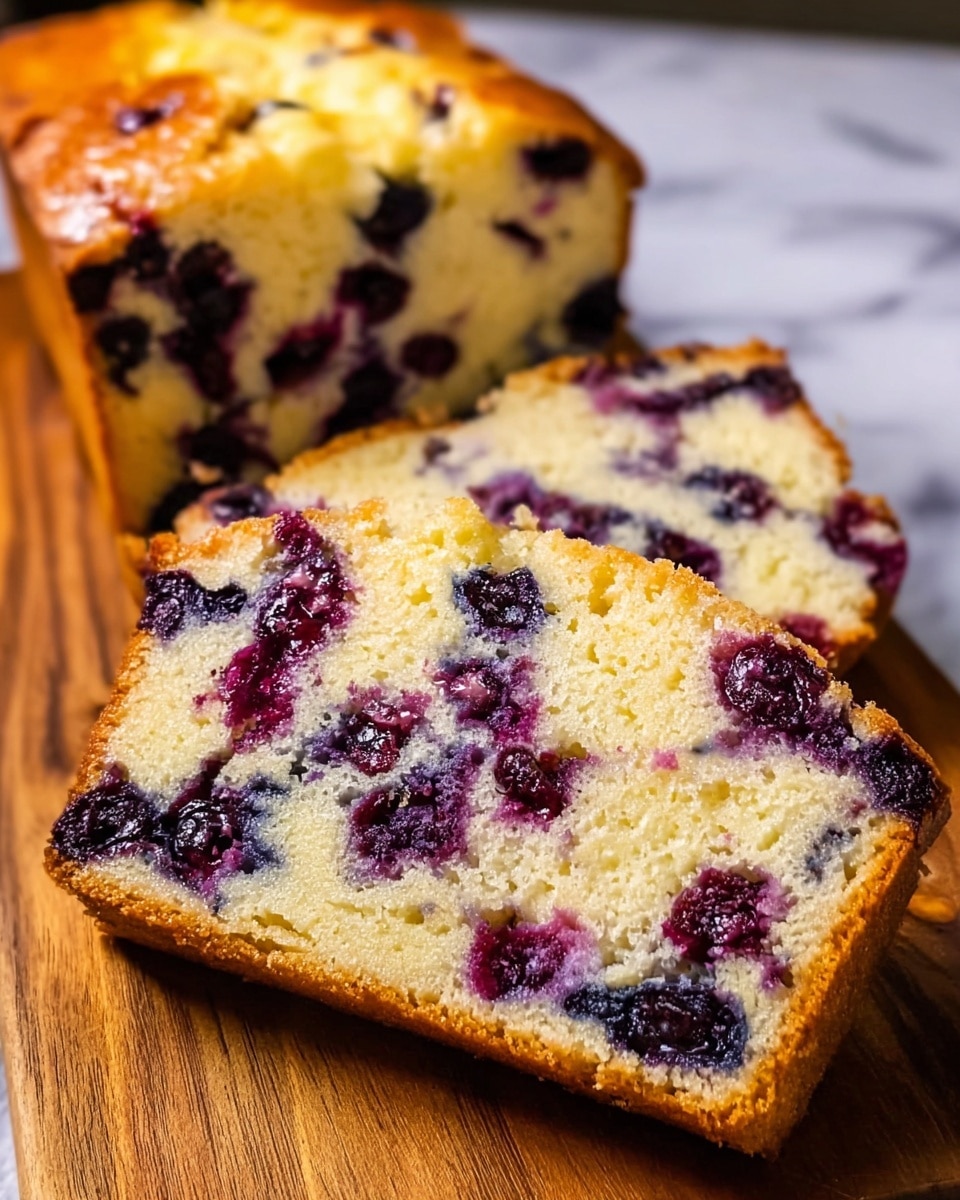 The image shows two thick slices of blueberry cake placed on a wooden board with a white marbled background. Each slice has one visible layer of soft, moist cake that is light golden-yellow in color with many dark purple and deep blue blueberries spread evenly throughout. The cake surface is golden-brown, slightly shiny, and has a crumbly texture at the edges. The berries look juicy and slightly melted into the cake batter. Photo taken with an iphone --ar 4:5 --v 7