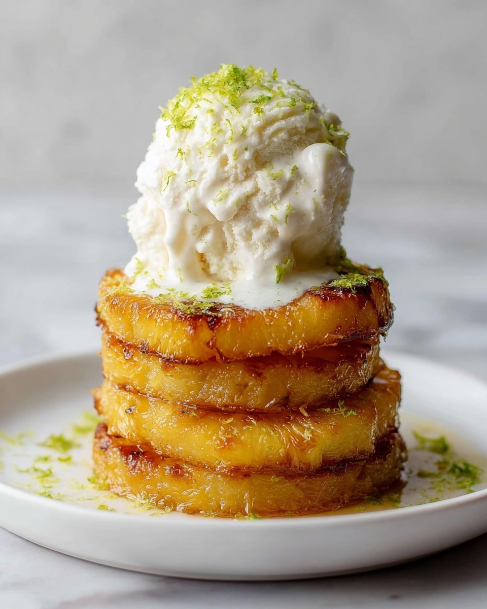 A stack of four golden-brown pineapple slices with crispy edges is placed one on top of the other in the center of a white plate. On top of the pineapple stack, there is a large scoop of creamy white ice cream with a slightly rough texture, beginning to melt and drip down the sides of the pineapple. Small green lime zest pieces are sprinkled generously on the ice cream and around the base of the stack, adding a fresh pop of color. The plate sits on a white marbled texture surface, and the background is soft and light gray. photo taken with an iphone --ar 4:5 --v 7