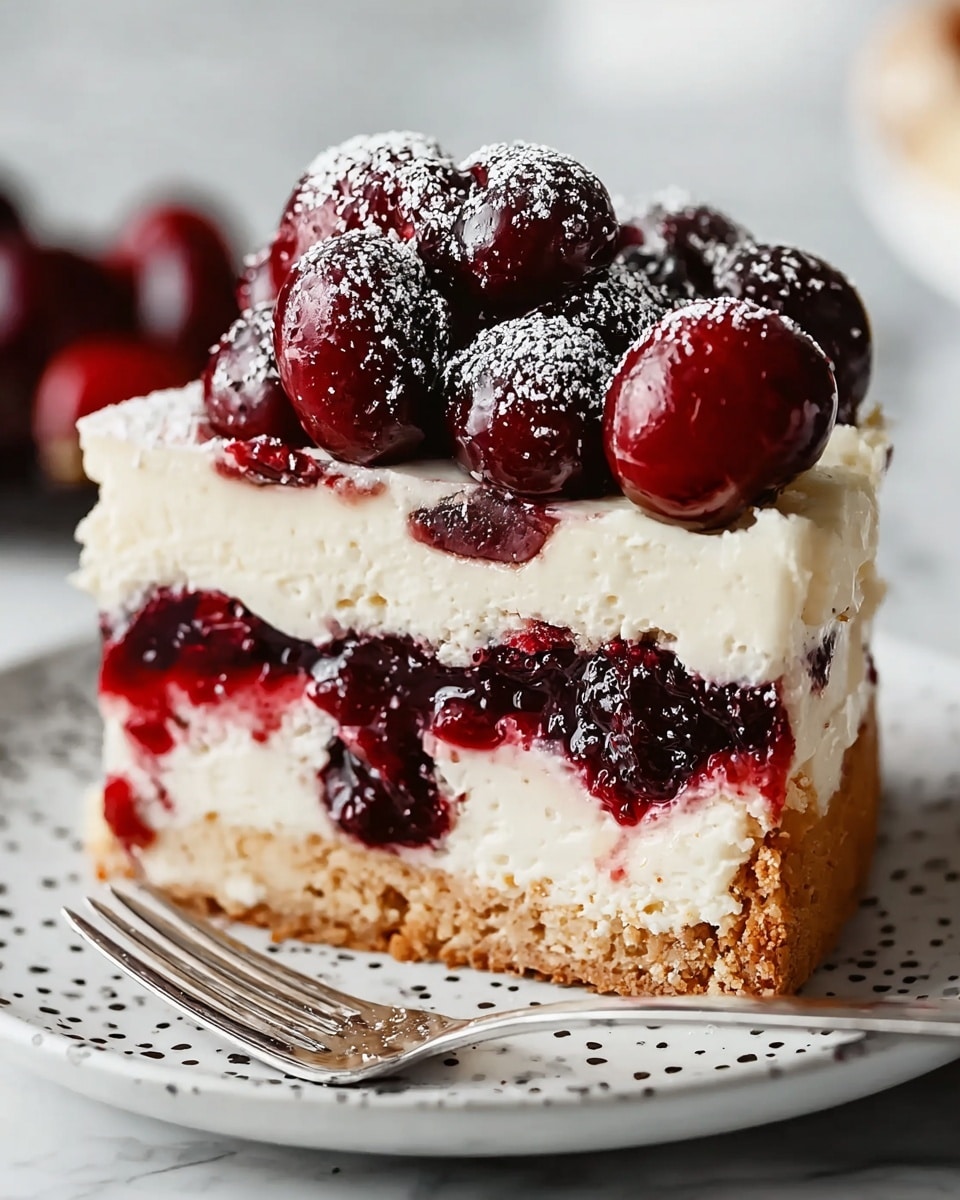 The image shows a close-up slice of cherry cheesecake with four visible layers. The bottom layer is a light brown, crumbly crust. Above that is a thick, creamy white cheesecake layer with a smooth texture. The third layer is a dark red cherry filling, thick and slightly chunky with pieces of cherry fruit. The top layer is another creamy white cheesecake layer, slightly uneven, topped with a heap of shiny dark red whole cherries, some dusted lightly with powdered sugar. The cake slice is placed on a white plate with small black dots, set on a white marbled surface. In front of the plate, a silver fork is partially visible. photo taken with an iphone --ar 4:5 --v 7