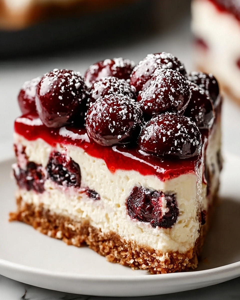 A close-up of a multi-layered cherry cheesecake slice on a white plate, set against a white marbled surface. The bottom layer is a thick, textured brown crumb crust. Above it is a thick layer of creamy, off-white cheesecake filling. Next is a middle layer with whole dark red cherries embedded inside the cheesecake. On top sits a thick, slightly shiny bright red cherry sauce layer. The final layer is a pile of whole glossy dark red cherries generously dusted with white powdered sugar. Photo taken with an iphone --ar 4:5 --v 7