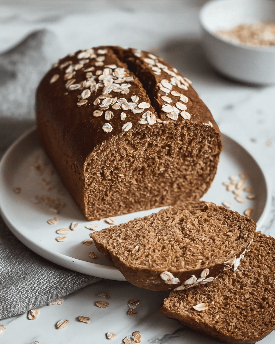A loaf of dark brown bread with a slightly rough crust sits on a white plate with a crack running down the middle top. The top layer is sprinkled with scattered light beige oats. Two slices are cut from the loaf and placed in front, showing a soft, dense, and evenly textured inside. More oats lie on a gray cloth next to the plate. The background consists of a white marbled texture with a blurred white bowl in the top right corner. Photo taken with an iphone --ar 4:5 --v 7