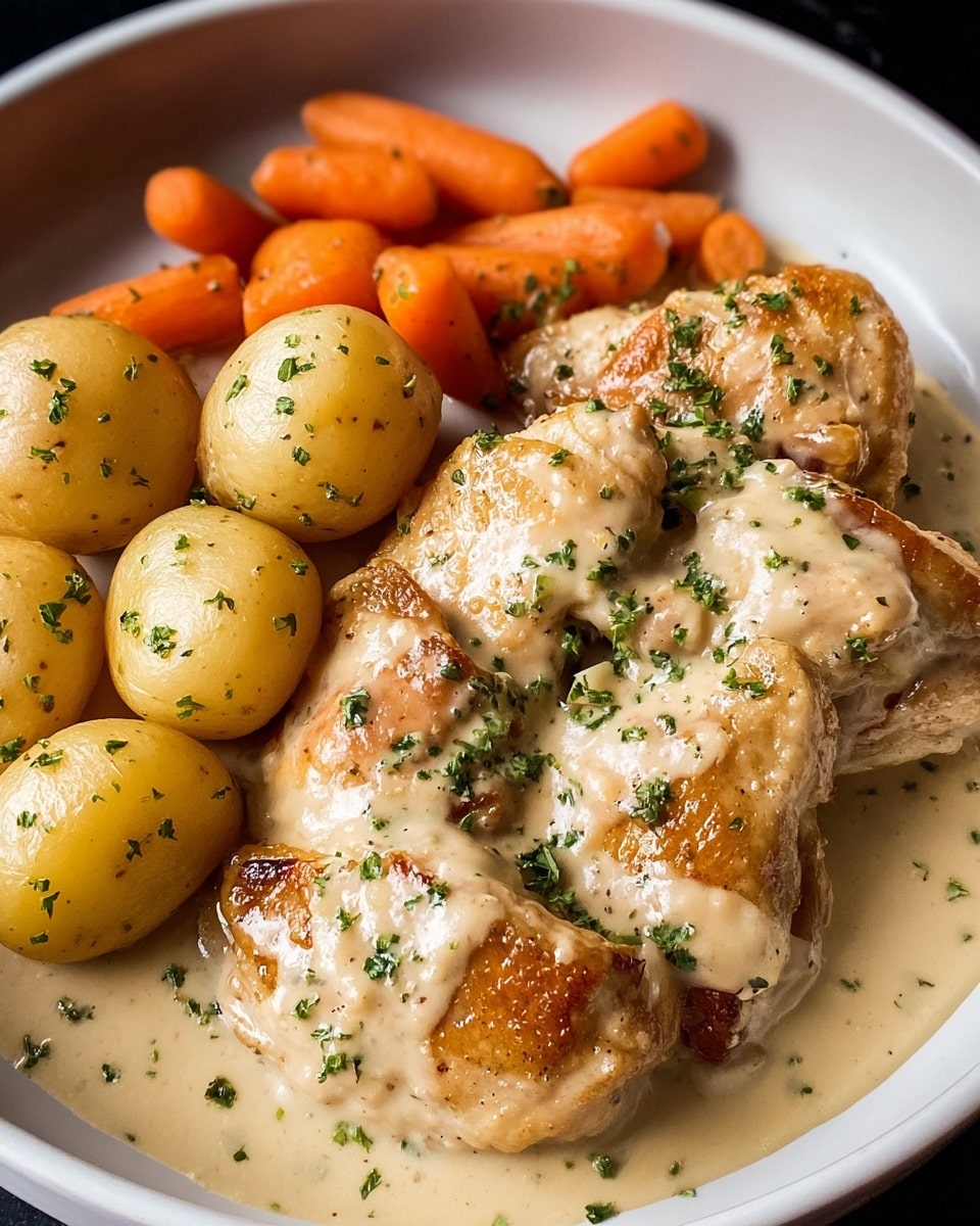 A white plate holds a dish with five golden brown chicken pieces covered in creamy beige sauce with green herb specks. Surrounding the chicken are several small yellow potatoes, some whole and some cut in half, sprinkled with herbs. Bright orange baby carrots fill the back side of the plate, also sprinkled with herbs. The creamy sauce pools at the bottom with a smooth texture, partially covering the chicken and potatoes, all set on a white marbled background. photo taken with an iphone --ar 4:5 --v 7