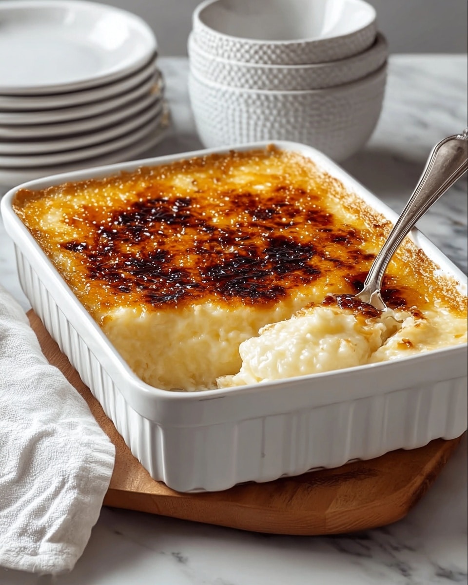 A white square baking dish sits on a wooden board on a white marbled surface. Inside the dish is a creamy rice pudding with a thick, golden caramelized layer on top, showing dark brown spots from being torched. A metal spoon rests in a scooped corner revealing the soft, white, and creamy rice pudding underneath the crispy top layer. In the background, there are stacks of white plates and white textured bowls. A white cloth napkin is folded to the left side of the board. photo taken with an iphone --ar 4:5 --v 7