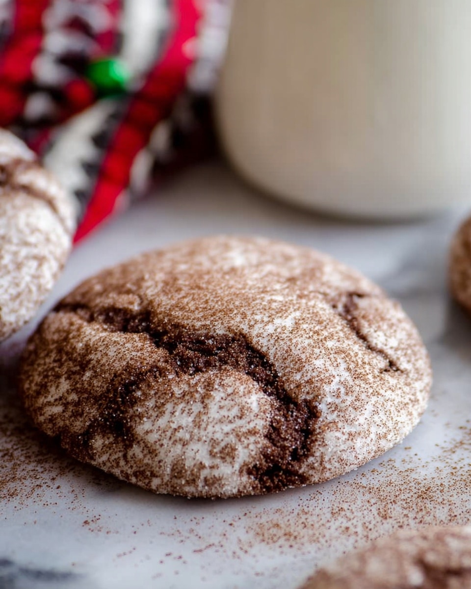A close-up of a soft, round chocolate cookie covered with a layer of white sugar and a darker layer of cinnamon powder evenly spread on top, sitting on a white marbled surface. The cookie has a slightly cracked texture with gentle folds, suggesting chewiness inside. In the background, there is a blurred white cup and a red, white, and black striped cloth, adding a cozy feel to the scene. Photo taken with an iphone --ar 4:5 --v 7