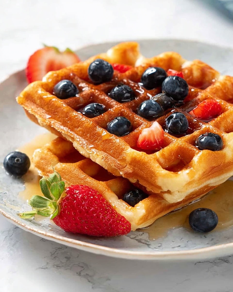 Two golden brown waffles with a crispy texture are stacked slightly askew on a white plate with a faint marbled pattern. On top of the waffles, there are fresh blueberries and small pieces of red strawberries scattered in the grid squares, with syrup filling some of the waffle pockets and glistening under the light. A whole strawberry with green leaves rests beside the waffles on the plate. The plate is placed on a white marbled surface. photo taken with an iphone --ar 4:5 --v 7