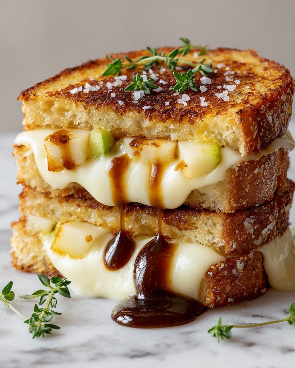 A close-up image of a stack of three grilled cheese sandwich halves, each slice of bread toasted with a dark golden-brown crust speckled with oats, showing a crunchy texture. Between the slices, layers of melted white cheese stretch and ooze out while thick glossy caramelized brown sauce drips down the sides, giving a sticky and rich appearance. The sandwich is garnished with small green herb sprigs on top, and the background is softly blurred with a dark tone, creating contrast with the sandwich's warm colors. photo taken with an iphone --ar 4:5 --v 7