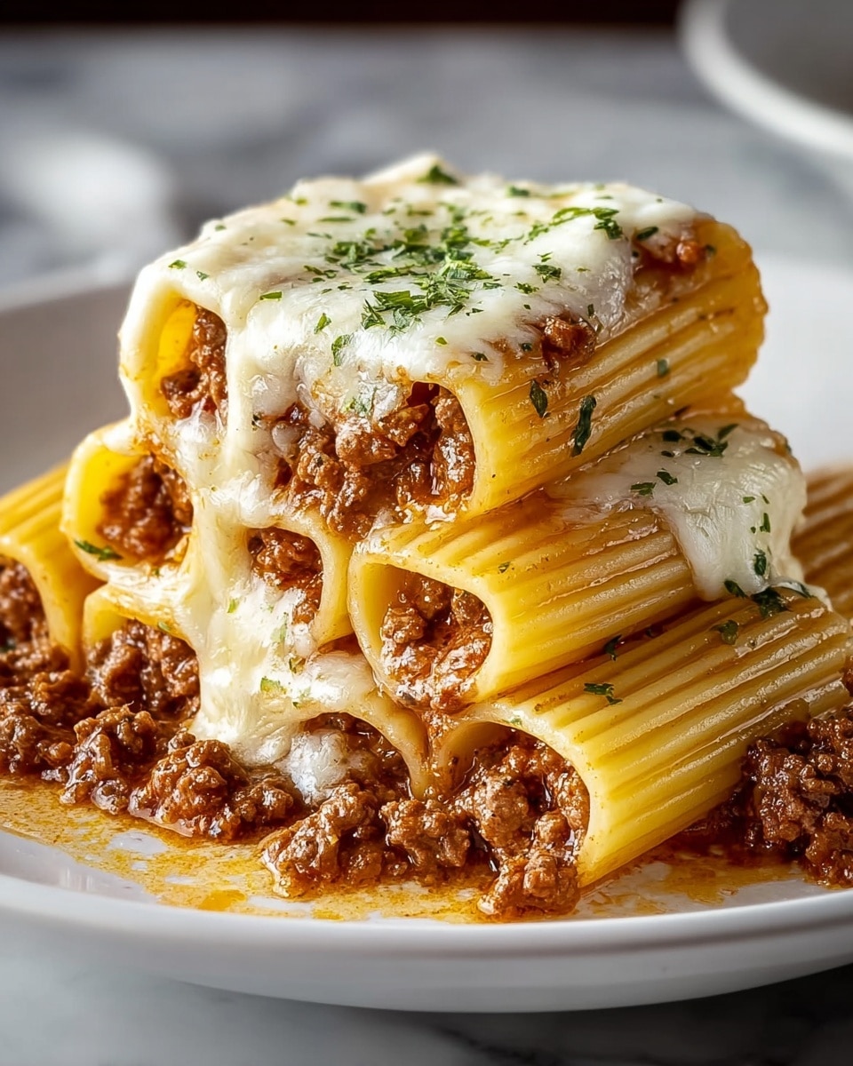 The dish shows a stack of rigatoni pasta tubes filled with a thick, brown meat sauce and arranged in two clear layers on a white plate. The rigatoni is golden yellow with ridged textures and is generously covered in melted white cheese that is slightly browned on top, sprinkled with small bits of green herbs. The meat sauce peeks out from inside the pasta tubes and spills around the base, adding a rich, juicy look. The background surface is white marbled, giving a clean elegant feel. photo taken with an iphone --ar 4:5 --v 7