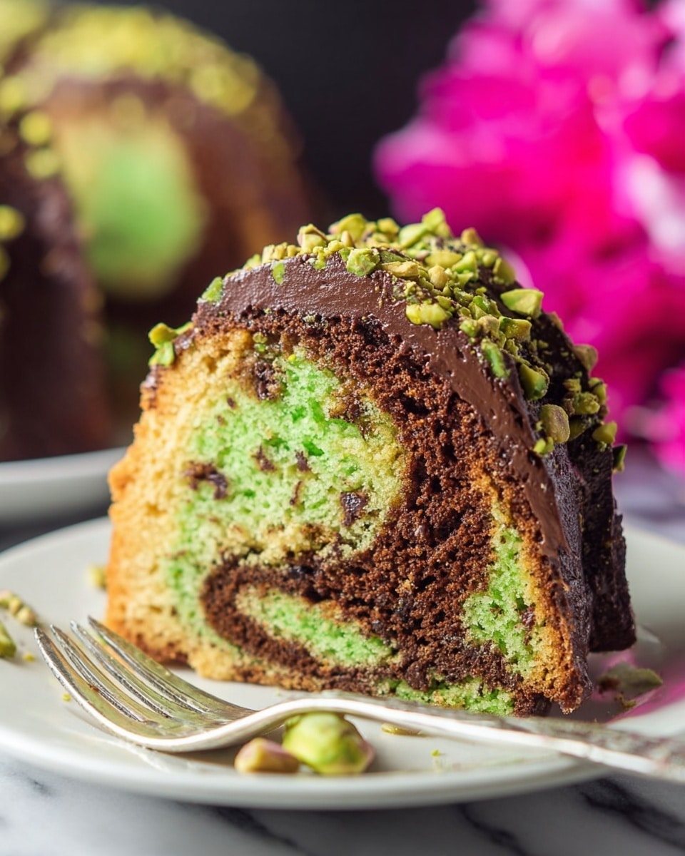 A close-up of a slice of marble cake with two visible layers of green and brown swirled together, showing a soft and moist texture with chocolate chips embedded throughout. The top of the cake is covered with a thick layer of dark chocolate frosting, sprinkled generously with chopped pistachios in green and brown hues. The slice rests on a white plate, with a silver fork placed next to it and a piece of pistachio on the plate near the fork. The background is softly blurred with bright pink flowers adding a pop of color, and the setting is on a white marbled texture. photo taken with an iphone --ar 4:5 --v 7