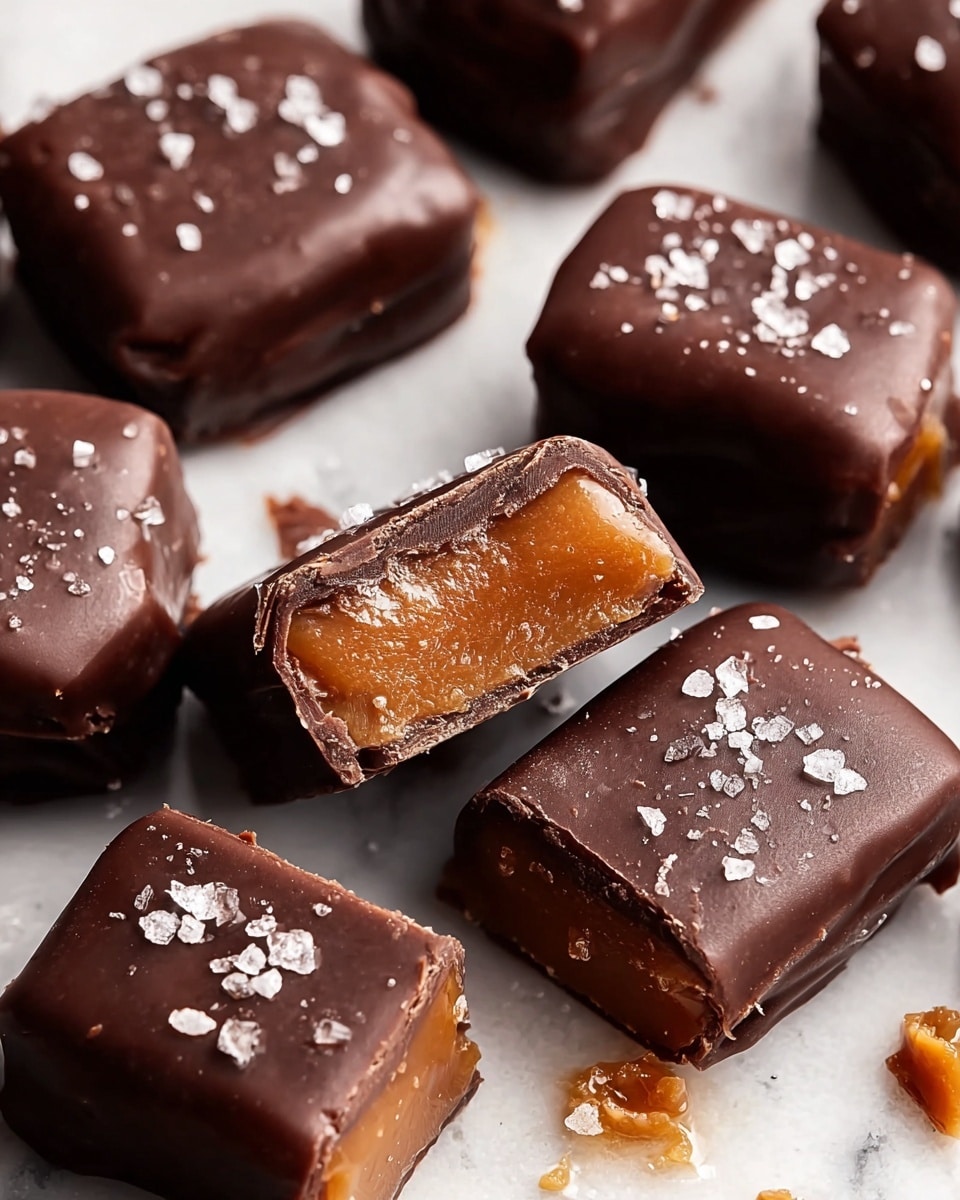 The image shows several small rectangular chocolate-covered caramel candies placed directly on a white marbled surface. Each candy has two layers: a smooth, shiny dark brown chocolate coating on the outside and a soft, light brown caramel center. Some candies are whole, and a few are cut in half, revealing the thick caramel filling inside. Small white salt flakes are sprinkled on top of the chocolate, adding texture and contrast. The candies are scattered with some crumbs around them, enhancing the visual appeal. photo taken with an iphone --ar 4:5 --v 7