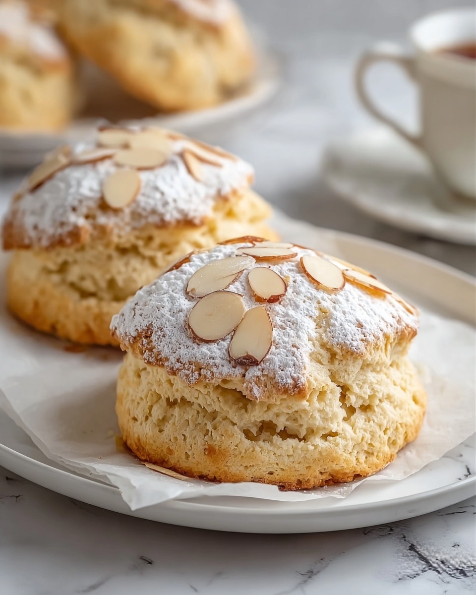 Two round almond scones sit on a white plate lined with white parchment paper, each with a light golden-brown top sprinkled generously with powdered sugar and topped with thin, light tan almond slices. The scones have a soft, crumbly texture with a pale beige inside and a slightly darker, crispy bottom edge. In the background, there is a blurred view of another plate with similar scones and a white teacup, all on a white marbled surface. photo taken with an iphone --ar 4:5 --v 7