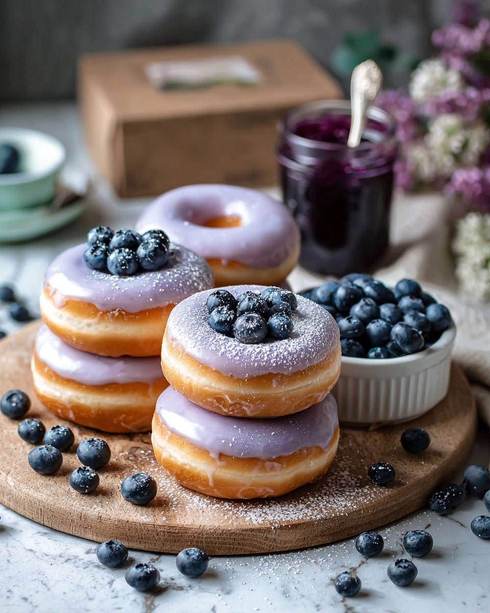 The image shows a group of five glazed donuts with light purple icing stacked on a round wooden board, dusted with powdered sugar. Each donut is topped with shiny fresh blueberries; one donut has a small pile of six blueberries in its center, while others have one or two berries placed in their holes. Surrounding the board are scattered blueberries and two bowls filled with fresh blueberries; both bowls are white. In the blurred background, there's a jar of blueberry jam with a spoon inside, sitting on a white marbled surface, along with a box and some flowers adding a soft touch. photo taken with an iphone --ar 4:5 --v 7