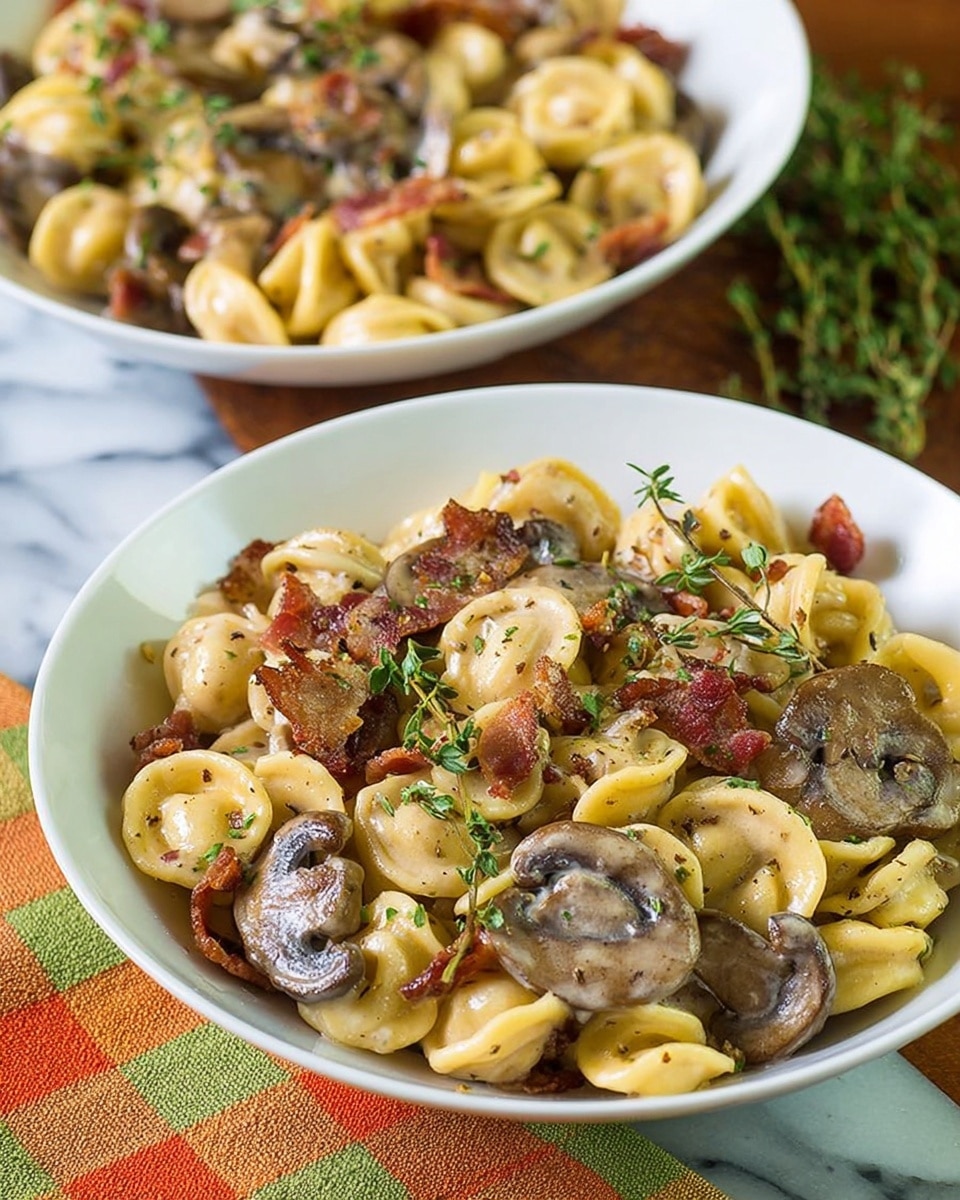 A white bowl filled with orecchiette pasta mixed with creamy sauce, slices of brown mushrooms, small crispy pieces of browned bacon, and fresh green thyme leaves scattered on top. The pasta pieces are small, round, and light yellow, with the mushrooms adding a soft texture and the bacon giving a crunchy, reddish-brown contrast. The thyme adds a fresh green touch throughout. In the background, there is another similar white bowl with the same dish, and the surface underneath is a white marbled texture with a checkered orange and green cloth partially visible. Photo taken with an iphone --ar 4:5 --v 7
