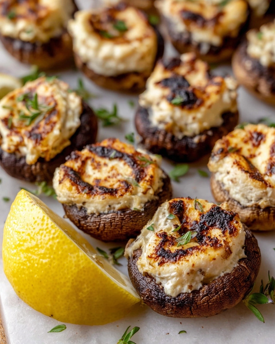 The image shows a close-up of stuffed mushrooms on a white marbled surface. Each mushroom has two layers: the base is a dark brown mushroom cap with a slightly rough texture, and on top is a thick, creamy white filling with browned, grilled spots and a slightly uneven surface. The mushrooms are arranged closely together, and a halved lemon with bright yellow skin and juicy, textured interior sits at the front left corner. Some small green herbs are scattered around the mushrooms, adding a fresh color contrast. photo taken with an iphone --ar 4:5 --v 7