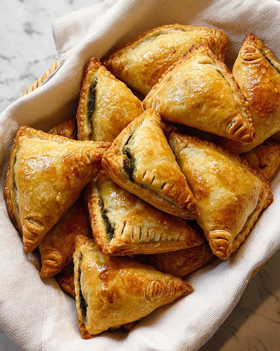 A basket lined with a white cloth holds many golden-brown triangular pastries. Each pastry is made of flaky, layered dough with a shiny, slightly glossy top crust. The crimped edges show a pattern of small indentations made by a fork, sealing the pastries well. Peeking out from some edges is a dark green filling, suggesting a vegetable or herb stuffing. The pastries are arranged closely, overlapping slightly, creating a warm, inviting look. The setting is on a white marbled texture surface. photo taken with an iphone --ar 4:5 --v 7