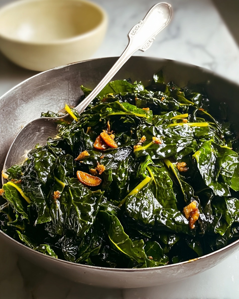 A close-up of cooked dark green leafy greens with glossy texture in a white bowl. The greens are tender and shiny, mixed with small pieces of golden brown garlic scattered on top. A silver spoon rests inside the bowl, partially buried in the greens. The bowl is placed on a surface with white marbled texture. The lighting highlights the freshness and slight moisture of the greens. Photo taken with an iphone --ar 4:5 --v 7