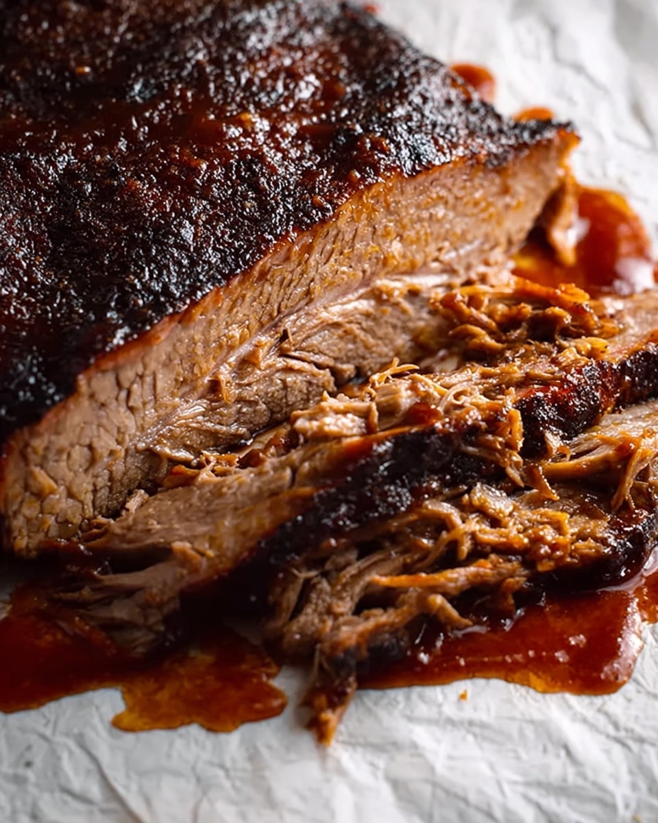 A close-up view of a slice of smoked brisket laying on white parchment paper over a white marbled surface. The brisket has two layers: the top layer is dark, crispy, and well-seasoned bark with a rich brown texture, while the inside layer is juicy and tender, slightly pinkish-brown with visible meat fibers. Around the brisket, there is thick, shiny barbecue sauce that pools slightly against the edges, adding a glossy, deep reddish-brown color. The image captures the moist, soft shredded beef coming off the slice with a textured, fibrous look. Photo taken with an iphone --ar 4:5 --v 7
