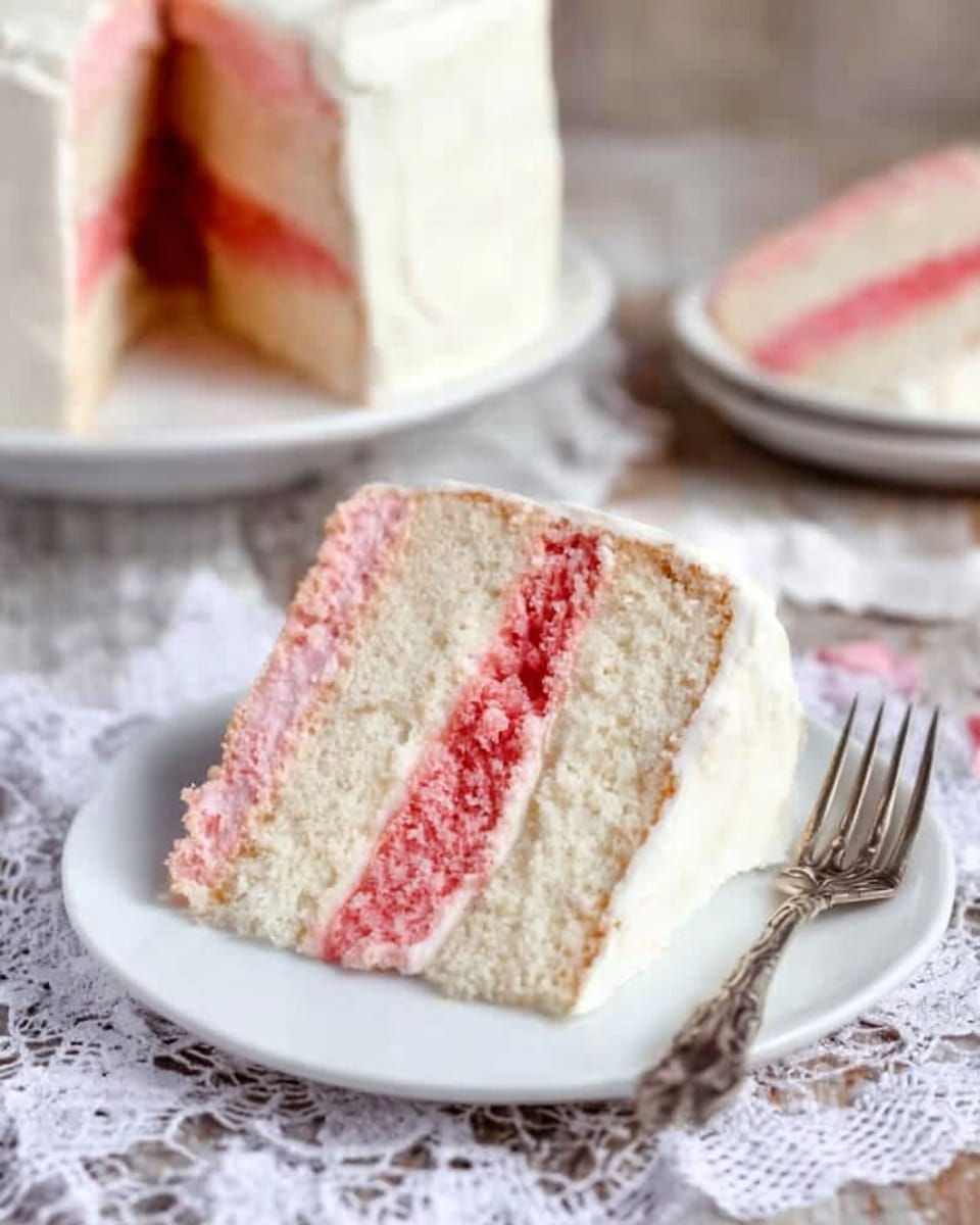 The image shows a slice of layered cake on a white plate placed on a white marbled textured surface with a lace cloth underneath. The cake has three layers: two light cream-colored outer layers and a middle pink layer with a slightly rough texture that looks moist. The cake is covered with a smooth white frosting that wraps around the slice, and there is a silver fork resting next to the plate. In the background, there is a blurred whole cake and a second slice on another white plate. The photo taken with an iphone --ar 4:5 --v 7