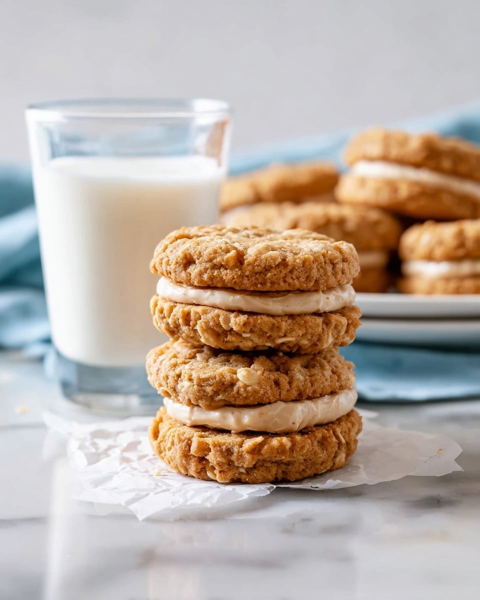 The image shows a stack of three oatmeal sandwich cookies placed on a small piece of white parchment paper on a white marbled surface. Each cookie has two rough-textured golden-brown oatmeal cookie layers with a creamy light tan filling layer in the middle, making it look thick and soft. Behind the stack, there is a clear glass filled with white milk. In the background, a white plate with several more oatmeal sandwich cookies can be seen, resting on a light blue cloth, slightly blurred. The overall scene is bright with soft natural light. photo taken with an iphone --ar 4:5 --v 7