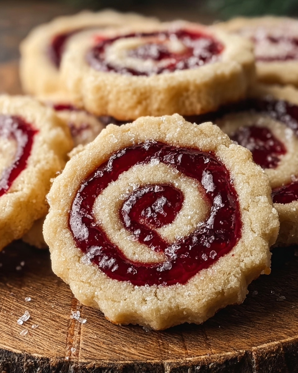 The image shows several round cookies with two visible layers: the outer layer is a light beige, crumbly-looking shortbread dough with a rough texture and scalloped edges, while the inner layer is a smooth, glossy, deep red jam arranged in a spiral pattern that alternates with the dough. The cookies are piled on a wooden board with visible grain and texture. Some sugar crystals sparkle on top of the cookies, adding a slight crystal-like shine. The background is blurred, focusing attention on the textures and colors of the cookies. photo taken with an iphone --ar 4:5 --v 7