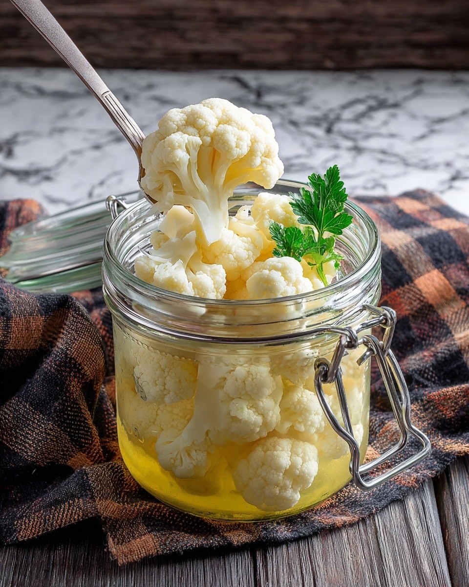 A clear glass jar filled with white cauliflower florets soaked in a light yellow liquid, likely pickling brine, with a metal clasp on the side. The jar is placed on a dark wooden surface with a white marbled texture and is next to a piece of cloth with brown, black, and white checkered pattern. A silver fork lifts a single cauliflower floret from the jar, with a small sprig of green parsley resting on the edge of the liquid inside the jar. photo taken with an iphone --ar 4:5 --v 7