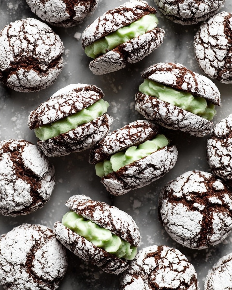 The image shows many small sandwich cookies arranged closely together on a white marbled surface. Each sandwich has two cracked dark brown cookies covered in a thick layer of white powdered sugar, creating a rough, uneven texture on the outside. Between the two cookies is a smooth pale green cream filling, thick and evenly spread, forming the middle layer of the sandwich. The cookies and filling contrast sharply in color and texture, with the dark brown cracked cookies, the white powdered sugar, and the light green creamy filling clearly visible. photo taken with an iphone --ar 4:5 --v 7