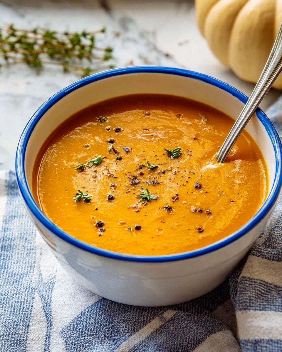 A thick and smooth orange pumpkin soup fills a white bowl with a blue rim. The soup surface glistens, topped with small black pepper flakes and fresh green thyme leaves scattered gently on top. A spoon rests inside the bowl on the right side, partially submerged in the soup. The bowl sits on a striped cloth with blue and white lines on a white marbled table, with a beige pumpkin and some thyme sprigs placed casually in the background. photo taken with an iphone --ar 4:5 --v 7