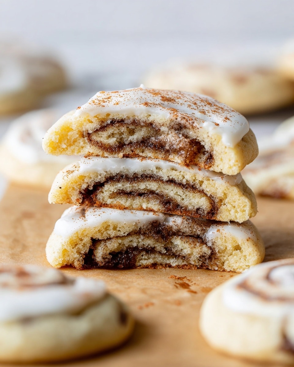 A group of soft, round cookies is displayed on a piece of parchment paper over a white marbled surface. Most cookies have a thick layer of white frosting unevenly spread on top, dusted lightly with a reddish-brown powder. Two cookies without frosting reveal a dark cinnamon swirl pattern peeking through their golden-baked surface. In the top left corner, a metal sieve with cinnamon dust rests, while at the bottom edge, a white knife with frosting on its blade lies nearby. The cookies' texture appears soft and slightly cracked along the edges. Photo taken with an iphone --ar 4:5 --v 7