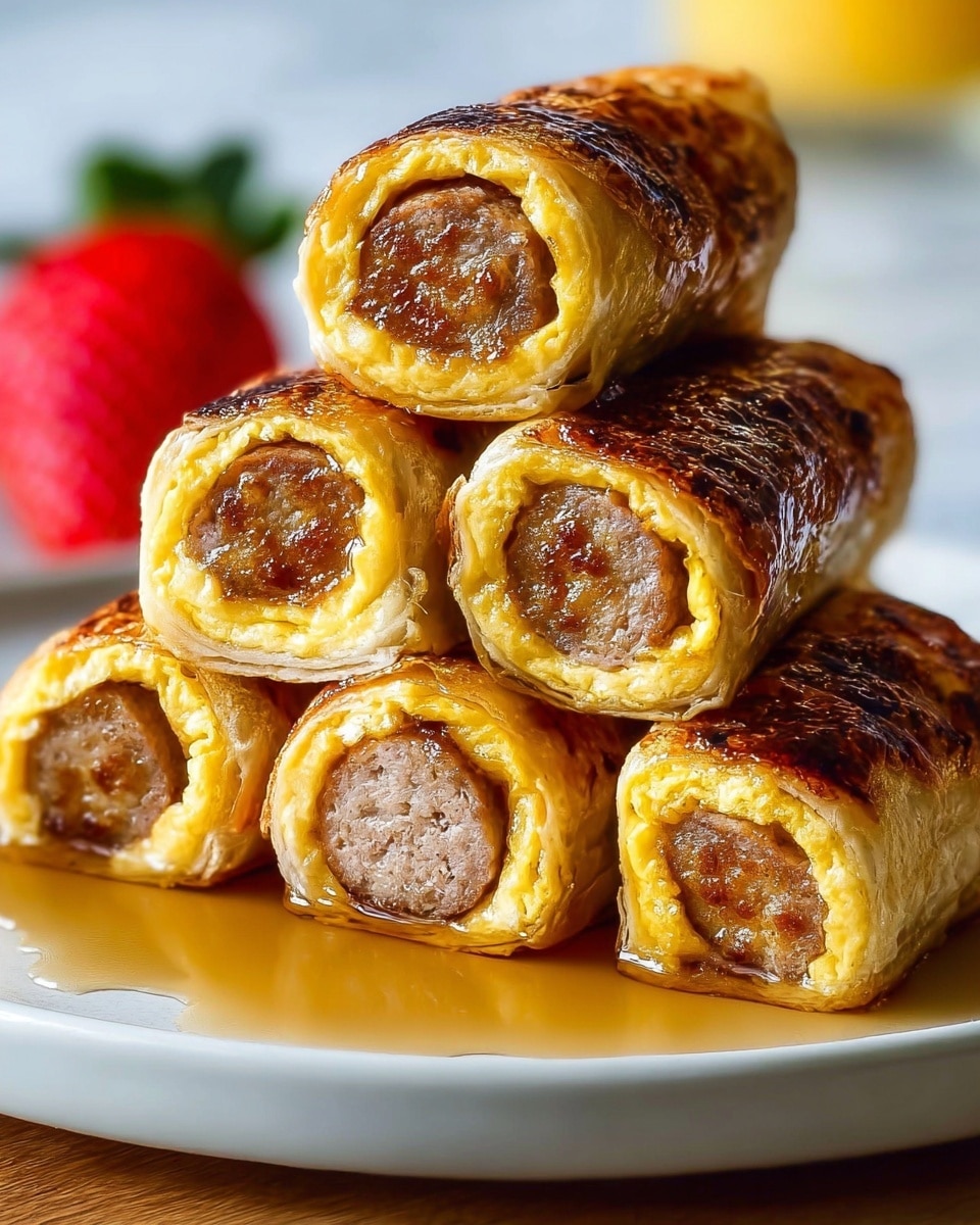 A white plate holds five sausage rolls stacked in a pyramid shape, each roll layered with a golden brown cooked egg wrap tightly surrounding a browned sausage in the center. The egg wrap has a slightly crispy and textured surface, showing darker toasted spots on top. A light syrup pools around the base of the sausage rolls, adding a shiny glaze. In the background, a blurred bright red strawberry adds a pop of color against the white marbled texture surface. Photo taken with an iphone --ar 4:5 --v 7