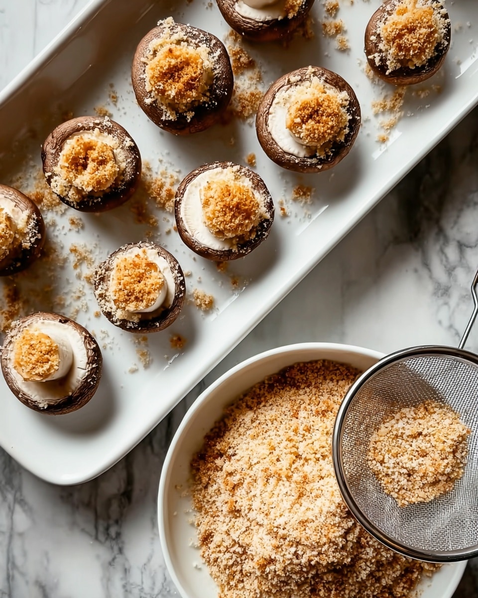 A white plate filled with many small, golden-brown fried mushroom pieces, each coated in a crispy texture and sprinkled with bits of green herbs. The mushrooms have a slightly curved shape with visible dark brown inside parts. Next to the pile, on the left side, there is a small white ramekin cup filled with creamy white dipping sauce topped with chopped green herbs. The background shows a soft white marbled texture. photo taken with an iphone --ar 4:5 --v 7