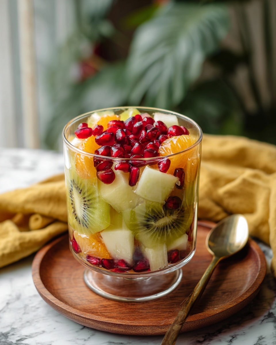 The image shows a clear glass dessert cup filled with three layers of fresh fruit. The bottom layer has white fruit chunks with light yellow interiors, the middle layer includes bright orange slices and green kiwi rounds with dark seeds, and the top layer is made of red pomegranate seeds scattered over the fruits. The glass sits on a wooden tray with a shiny golden spoon beside it, and a soft yellow cloth is partially in view next to the glass. There is a blurred green plant in the background, and the surface underneath the tray has a white marbled texture. photo taken with an iphone --ar 4:5 --v 7