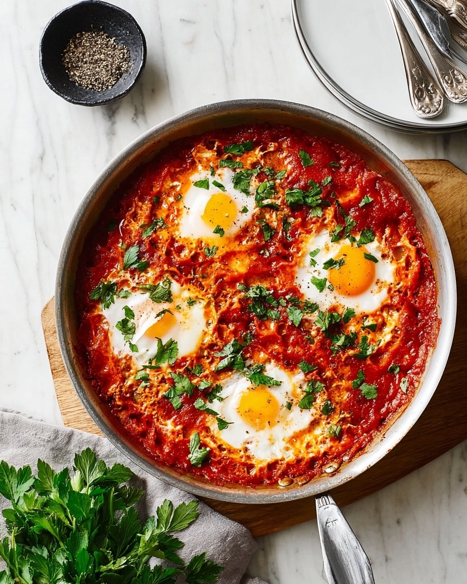 A round silver pan holds a dish with two main layers: the bottom layer is thick, rich red tomato sauce with a chunky texture, filling the entire pan, and the top layer has five cooked eggs with soft white edges and bright yellow yolks, scattered evenly on the sauce. Fresh green chopped herbs are sprinkled all over the eggs and sauce, adding contrast. The pan rests on a wooden board placed on a white marbled surface. Nearby are a small black bowl of crushed black pepper, some fresh green parsley, and a stack of white plates with silver cutlery on top. Photo taken with an iphone --ar 4:5 --v 7