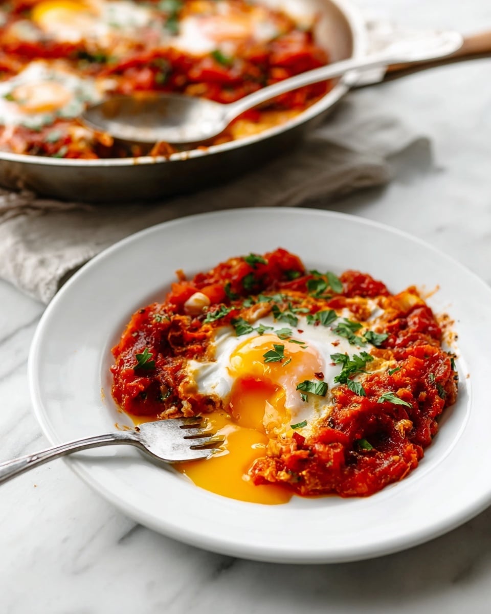 A white plate holds a single serving of shakshuka consisting of two eggs cooked in a thick, chunky red tomato sauce with visible pieces of onions and herbs. One egg yolk is broken, spilling bright yellow yolk that contrasts with the deep red sauce. Small bits of green herbs are sprinkled on top for color. A silver fork is placed on the plate, partially cutting through the runny yolk and sauce. In the background, a shallow metal pan contains more shakshuka with a silver spoon resting inside it, all set on a white marbled surface. Photo taken with an iphone --ar 4:5 --v 7