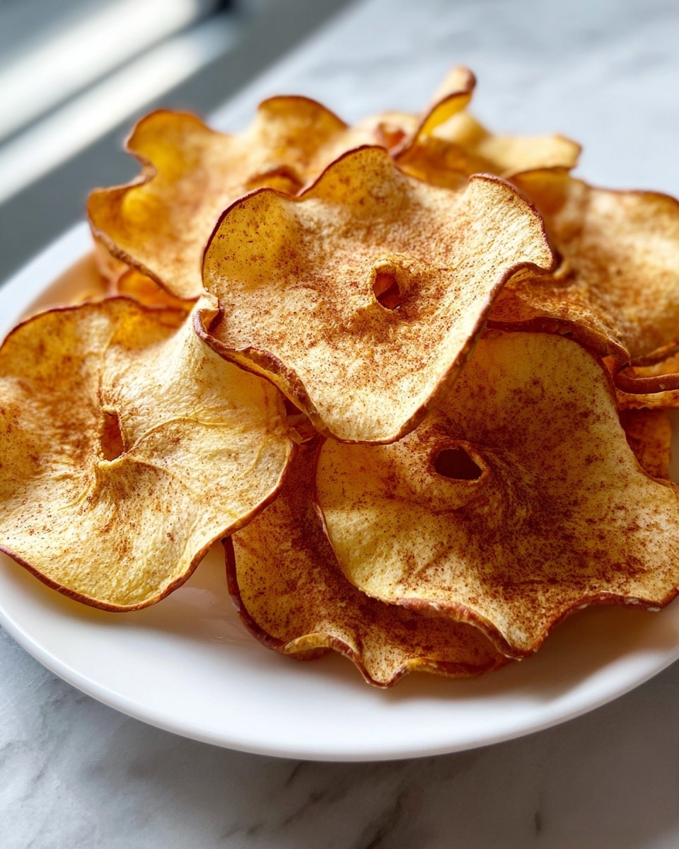 A white plate filled with a pile of thinly sliced dried apple chips, each chip light golden-yellow with darker brown edges and a dusting of cinnamon powder spread evenly across the surface. The apple chips are layered in a loose stack, some slightly curled and overlapping with soft shadows between the layers, giving a crisp and crunchy texture look. The plate sits on a white marbled surface with blurred natural light coming from the side, highlighting the warm tones and texture of the apple slices. photo taken with an iphone --ar 4:5 --v 7