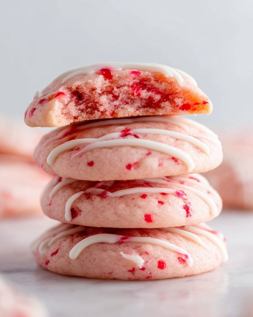 A stack of four soft, round pink cookies with small red pieces inside, each cookie topped with thin white icing drizzle. The top cookie is broken in half, showing a moist, slightly crumbly pink inside with red bits scattered throughout. The cookies rest on a white marbled surface with a soft, clean background. photo taken with an iphone --ar 4:5 --v 7