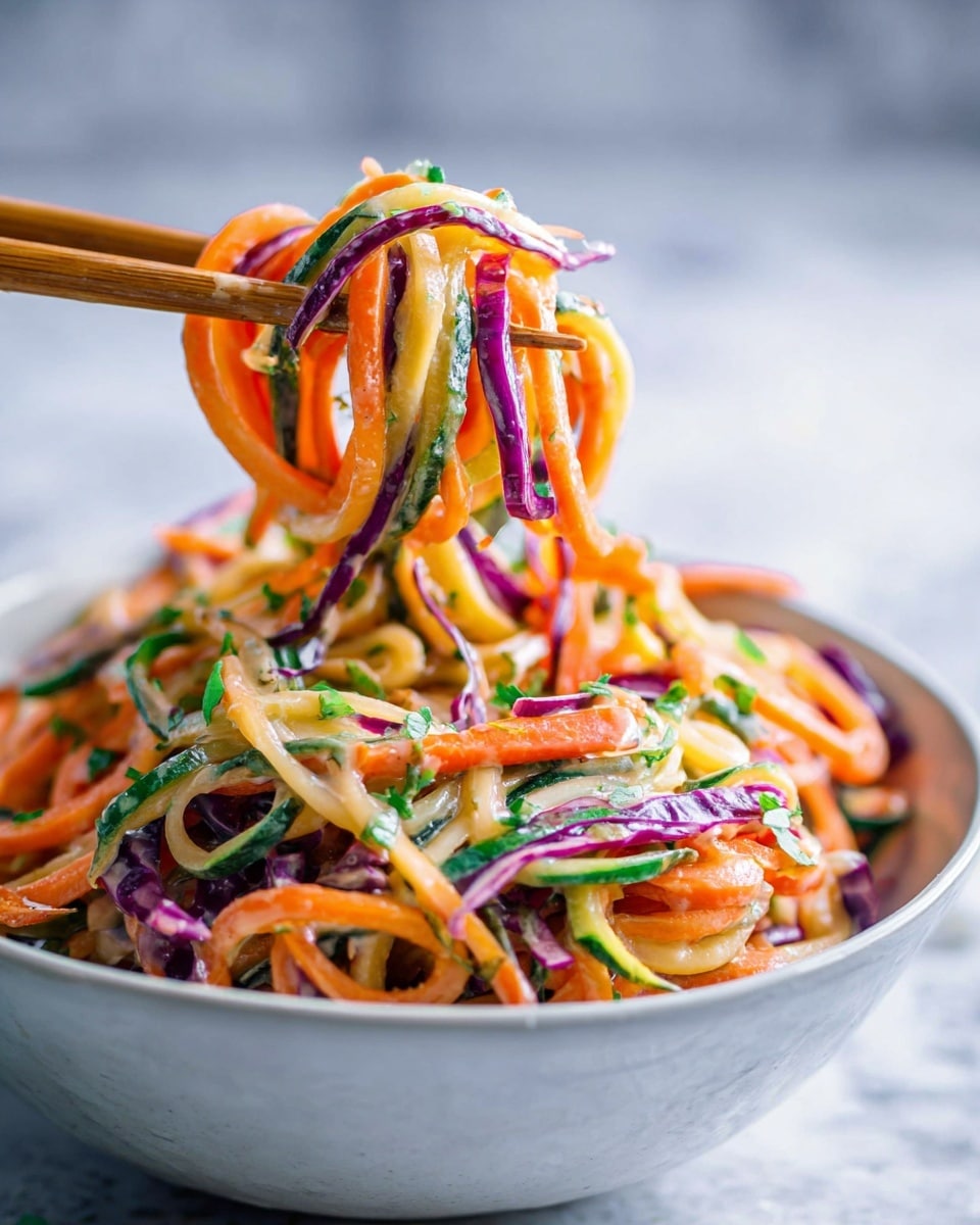 A close-up image of colorful vegetable noodles in a white bowl, featuring layers of spiralized carrots in bright orange, zucchini in green, and purple cabbage strips mixed together. The noodles are coated in a creamy sauce with visible green herbs sprinkled throughout. A pair of wooden chopsticks held by a woman's hand lifts a twisted bundle of noodles and vegetables above the bowl. The background has a soft blur with a white marbled texture visible under the bowl. photo taken with an iphone --ar 4:5 --v 7