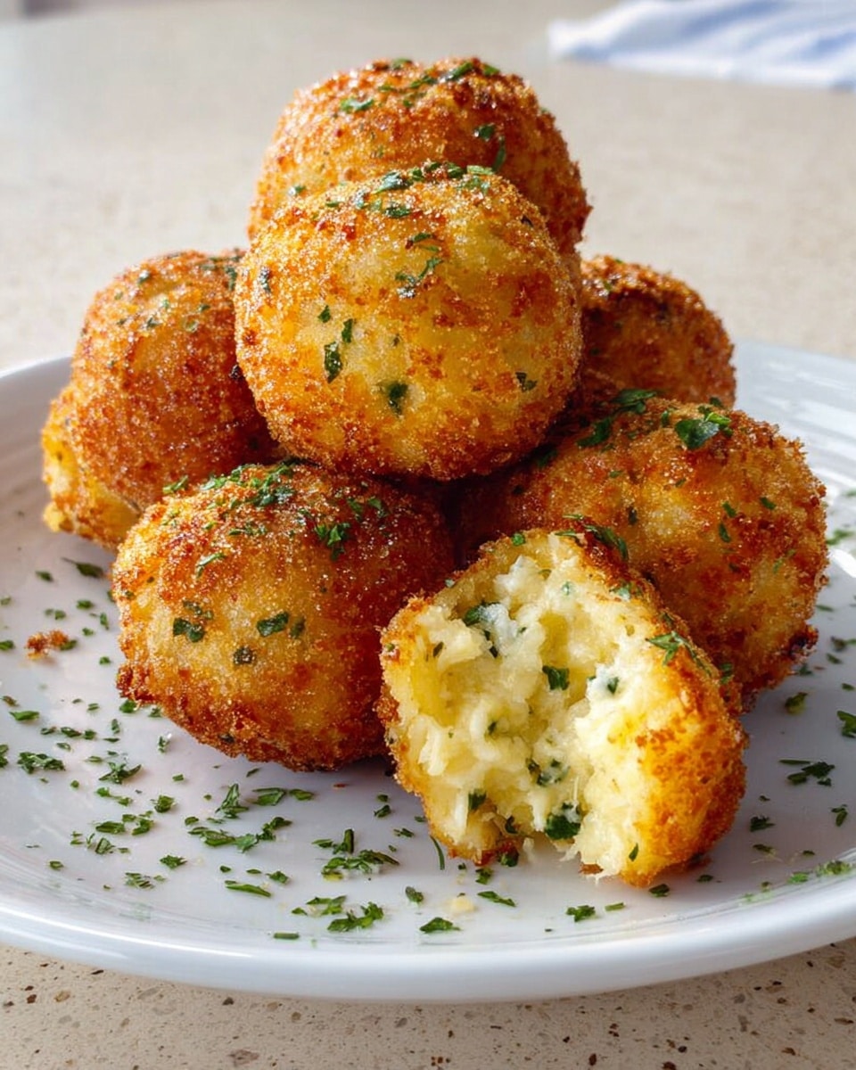 The image shows a white plate with six golden brown fried balls stacked together. The balls have a crispy, textured outer layer with small green herb bits sprinkled on the surface. One ball is broken open, revealing a soft, fluffy inside with visible small pieces of herbs mixed in, showing a creamy light yellow color. The plate is placed on a white marbled surface with small scattered herbs around the balls. photo taken with an iphone --ar 4:5 --v 7