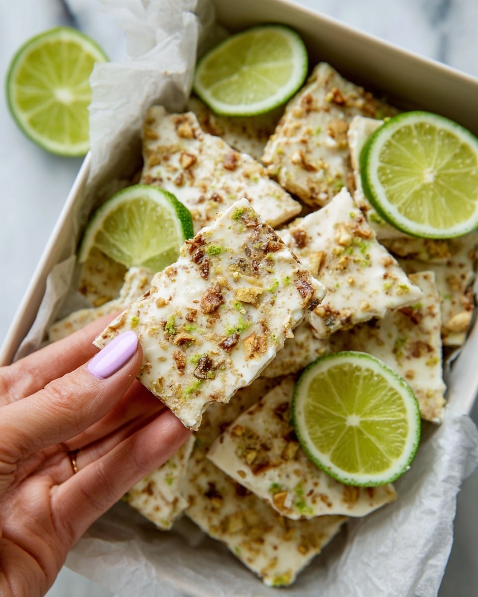 A close-up of crispy bark broken into uneven pieces, showing a single piece held by a woman's hand with pale pink nails in the foreground; the bark has a creamy white base layer topped with a textured mix of small brown and green bits scattered all over, sitting in a white square container lined with white paper; the arranged bark pieces are complemented by several bright green lime slices with visible juicy segments placed among them, all on a white marbled surface photo taken with an iphone --ar 4:5 --v 7