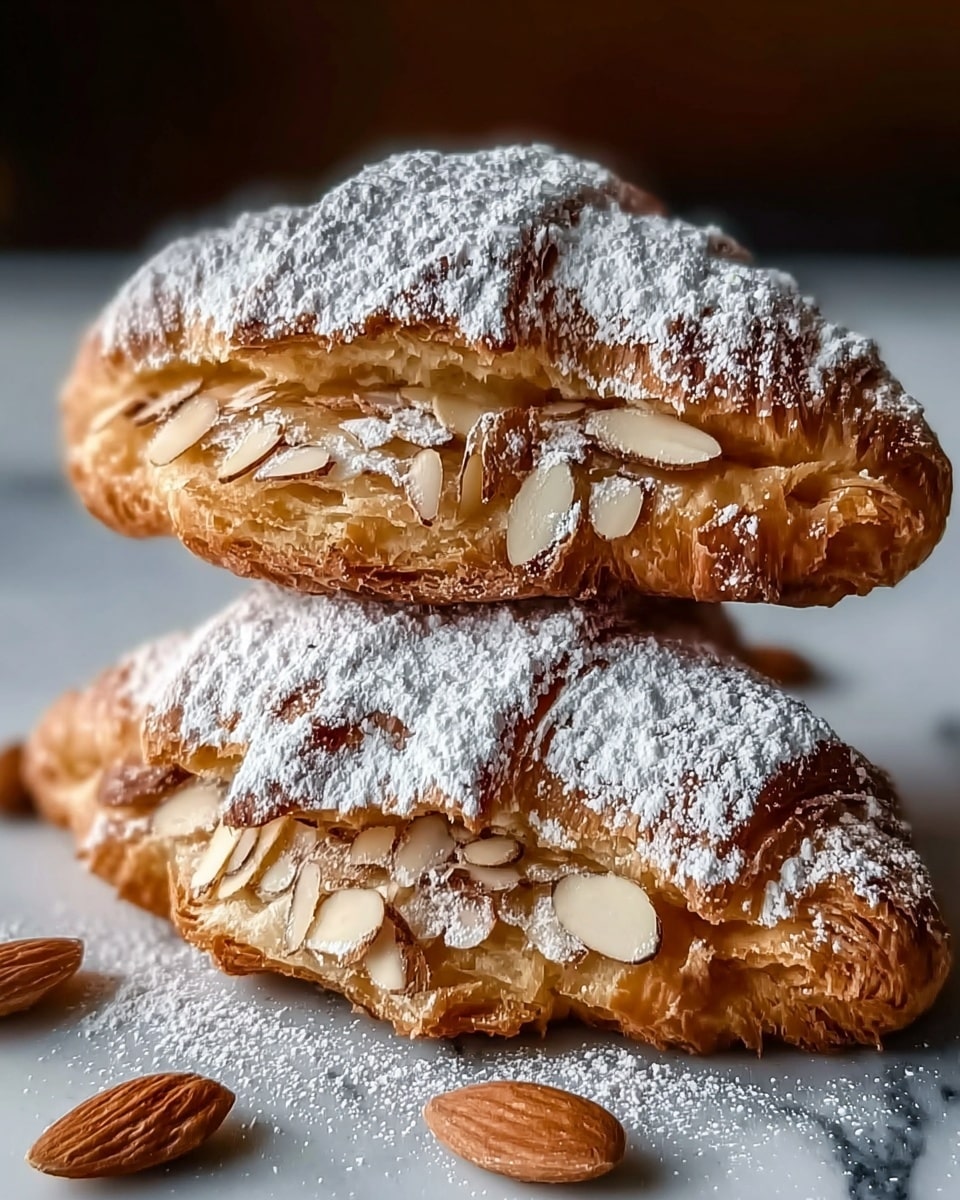 The image shows two almond croissants stacked on top of each other with a visible flaky texture. Each croissant is golden brown with light, airy layers inside. The croissants are dusted generously with white powdered sugar and topped with ginger brown almond slices scattered unevenly across the surface. A few almond slices are scattered on the white marbled surface beneath them, adding to the detail. The background is softly blurred, making the croissants the clear focus of the image. Photo taken with an iphone --ar 4:5 --v 7