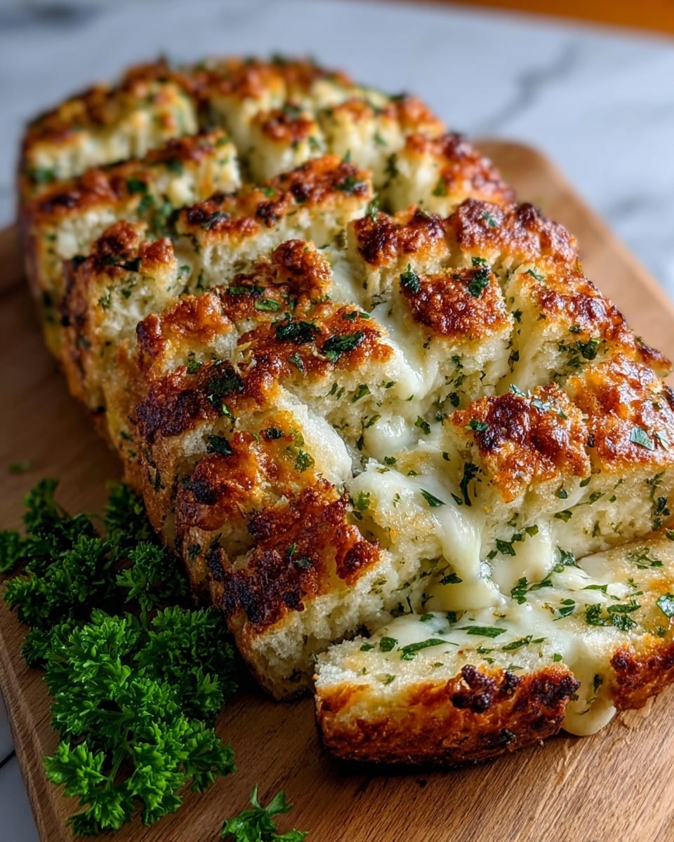This image shows a loaf of cheesy garlic bread cut into thick slices, arranged on a wooden board placed on a white marbled surface. The bread has multiple layers with a golden-brown crispy crust on top that is slightly charred in spots. Between each thick slice, there is a layer of melted white cheese mixed with green herbs, giving a gooey and soft texture. The bread itself is light golden with a crumbly texture and visible bits of herbs baked inside. To the bottom left side of the board, there is a small bunch of fresh green parsley. The lighting highlights the shiny melted cheese and crispy edges on the bread. Photo taken with an iphone --ar 4:5 --v 7
