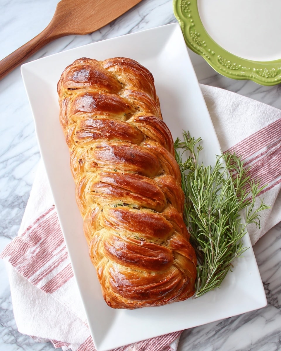 A golden brown braided pastry loaf sits centered on a white rectangular plate, showing six visible twists of flaky crust with a shiny, brushed finish. To the right side of the loaf, a small bunch of fresh green rosemary sprigs adds a contrasting texture and color. The plate rests on a white marbled surface with a folded white napkin underneath and a soft pink and white striped cloth napkin partially visible under the left edge. A wooden spatula and a white plate with a green scalloped edge are placed in the background at the top edges of the image. Photo taken with an iphone --ar 4:5 --v 7