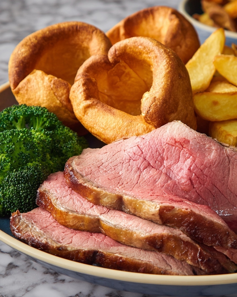 The image shows a plate with thick slices of pink roast beef with a browned edge in the front, stacked neatly in layers from bottom to top. Behind the beef, there are three golden brown Yorkshire puddings with puffy, crispy edges and hollow centers. To the left, there is a bunch of bright green broccoli florets. In the background, there are some golden roasted potato wedges. The dish is placed on a white marbled surface. photo taken with an iphone --ar 4:5 --v 7