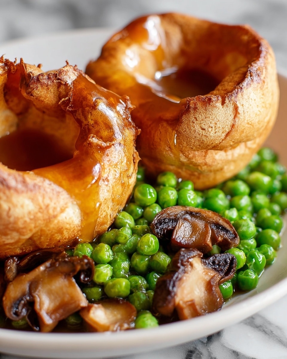 The image shows a close-up of two golden-brown Yorkshire puddings with a shiny, amber-colored gravy drizzled over the top, placed side by side on a white plate. Beneath and around the Yorkshire puddings are bright green peas that look fresh and plump, mixed with pieces of roasted mushrooms that have a dark brown, slightly charred texture. The plate sits on a white marbled surface. photo taken with an iphone --ar 4:5 --v 7