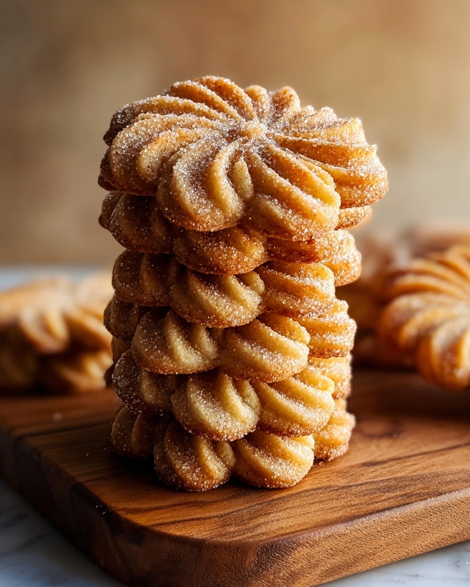 A stack of five flower-shaped cookies with a swirl pattern, each cookie having a golden-brown color with a crispy texture and sprinkled with granulated sugar that glistens on the surface. The cookies are placed vertically on a wooden board with visible wood grain, set against a warm, softly blurred background and a white marbled surface. Additional cookies are faintly seen lying flat in the background, creating depth in the image. photo taken with an iphone --ar 4:5 --v 7