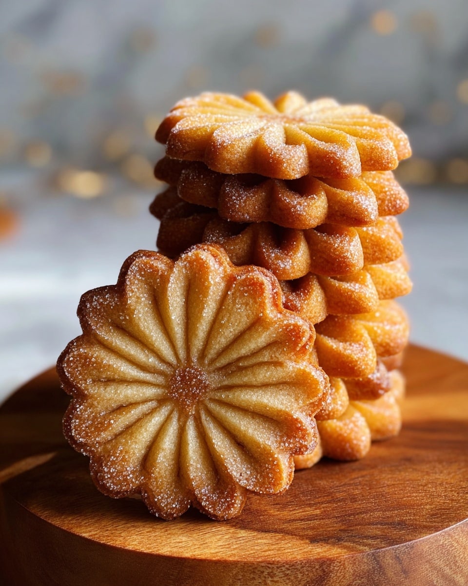 A stack of seven golden-brown flower-shaped cookies sits on a round wooden board; each cookie has a detailed petal pattern with sugared edges sparkling in the light. The petals show a gradient of warm hues from light beige in the center to a rich amber on the outer edges, with a sugar coating giving a slightly rough texture. The top cookie leans slightly forward, revealing the smooth and crisp texture and the symmetrical, radial petal design. The background is a soft blur with a white marbled texture beneath the wooden board. photo taken with an iphone --ar 4:5 --v 7