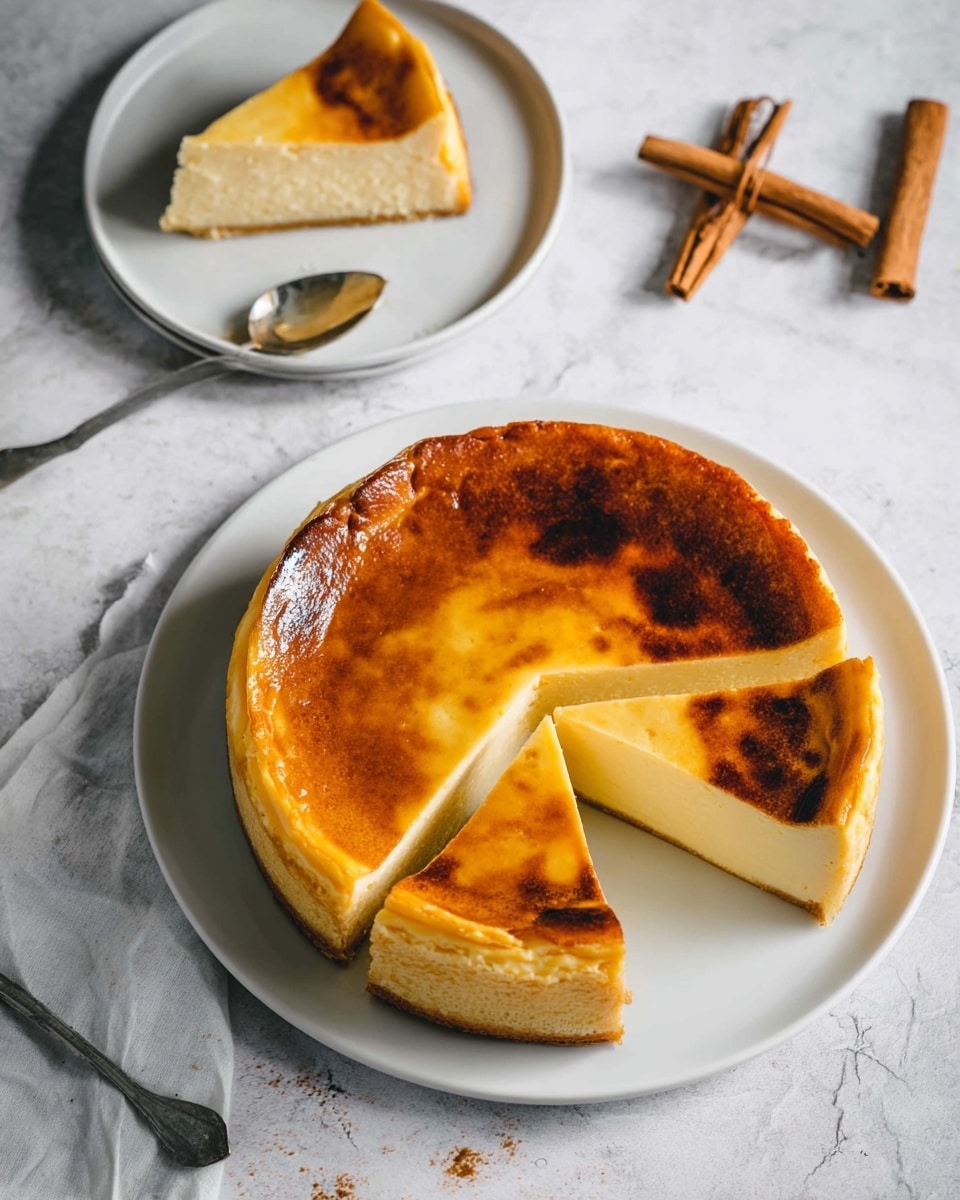 A golden brown cheesecake is placed on a white round plate with three slices cut out from it, showing a smooth creamy light yellow inside layer and a thin crust at the bottom. One slice is served on a separate white plate at the top left, with a shiny silver spoon beside it. The surface beneath is white marbled texture, and two cinnamon sticks lie near the top right corner. The cheesecake has a glossy finish with darker spots on the top layer, suggesting a baked texture. photo taken with an iphone --ar 4:5 --v 7