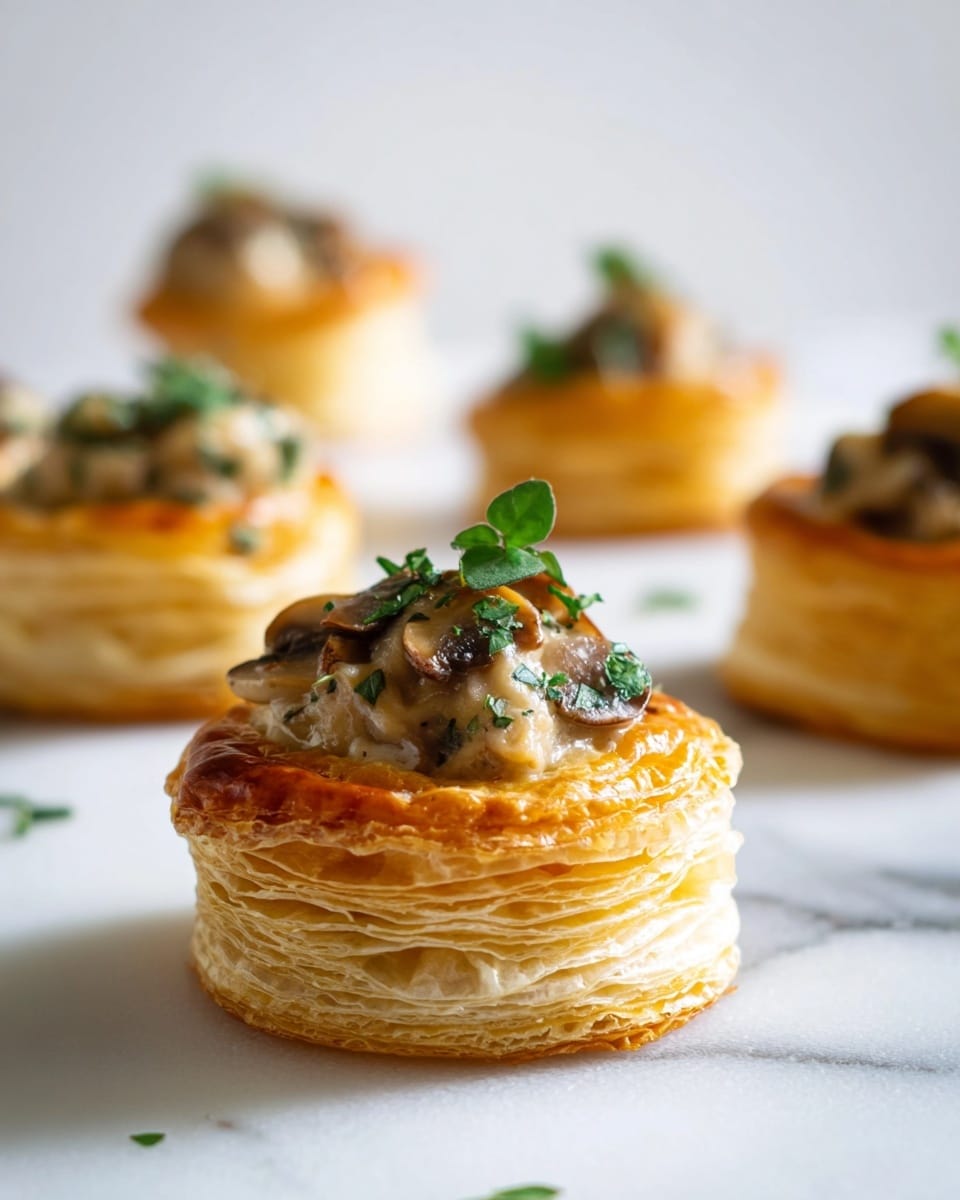 The image shows several round, golden-brown puff pastry shells with about six to seven thin, crispy layers visible from the side, stacked neatly. Each shell is filled with a creamy, light brown mushroom mixture topped with small green herb leaves, sitting on a white marbled surface. The closest pastry is in sharp focus, while the others blur softly into the background, adding depth to the image. Photo taken with an iphone --ar 4:5 --v 7