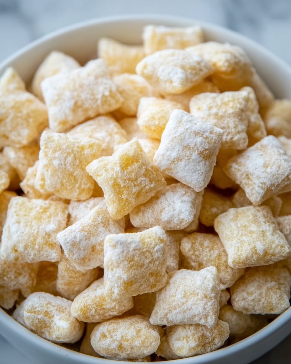 A close-up view of many small pillow-like cereal pieces piled together, each piece is square with a soft, slightly puffy texture. The cereal pieces are mostly light yellow with a dusting of white powder on top, giving them a frosted look. The surface texture of each piece appears slightly grainy and airy. The cereal is inside a white bowl, with the edges faintly visible around the pile. The background is a white marbled texture. photo taken with an iphone --ar 4:5 --v 7