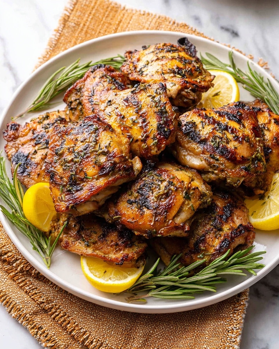A white plate is filled with layers of grilled chicken pieces showing a crispy, golden-brown skin seasoned with herbs and spices. The chicken is stacked in an uneven pile, with some pieces resting on top of others, showing textures of charred and tender meat. Around the edges of the plate are bright yellow lemon wedges adding a fresh color contrast. Sprigs of green rosemary are placed on top and around the chicken, enhancing the natural look. The plate sits on a coarse brown burlap cloth with a white marbled surface underneath, giving a clean, simple background. Photo taken with an iphone --ar 4:5 --v 7