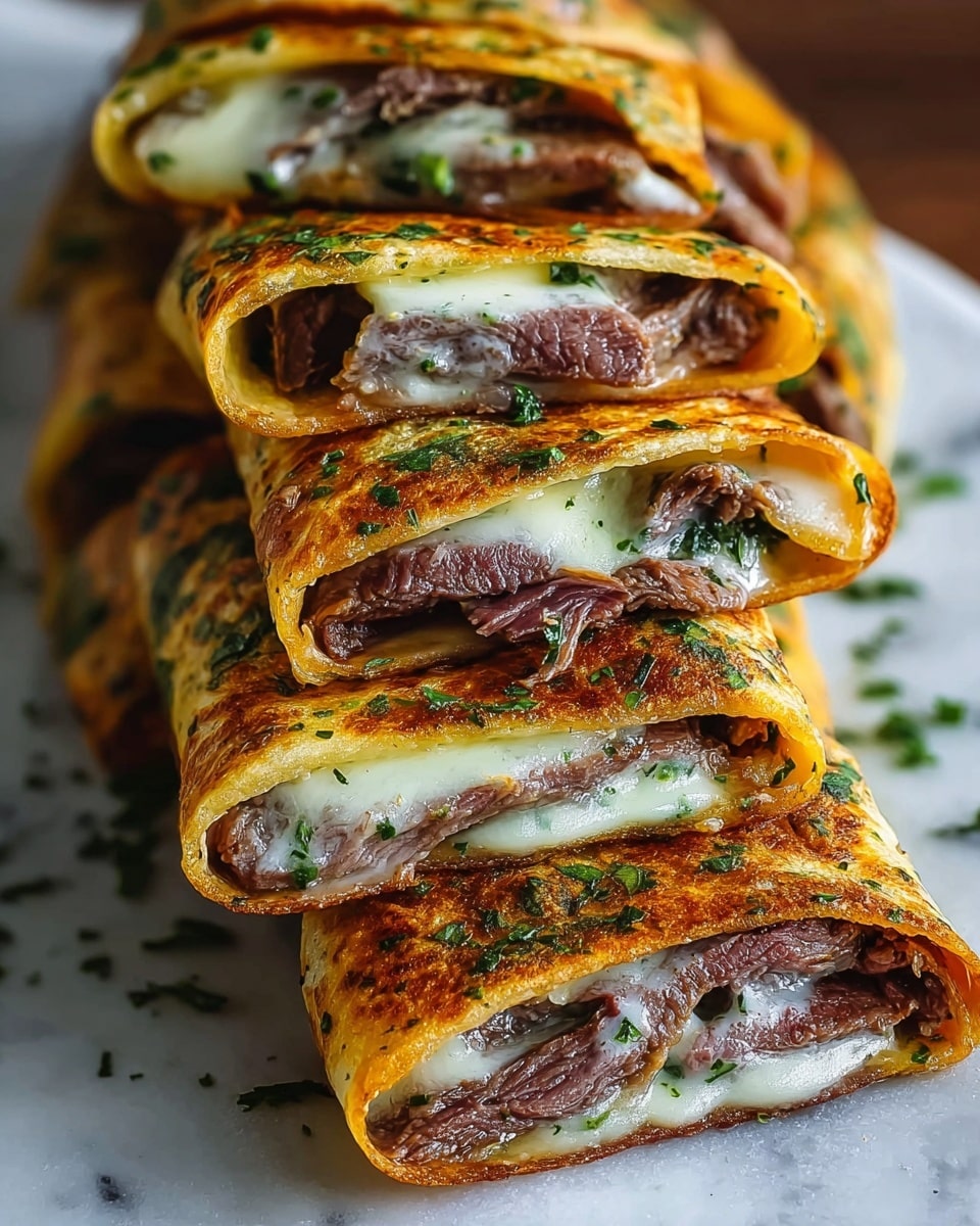 A close-up of five rolled tortillas stacked on a white marbled surface, each tortilla has a crispy golden-brown outer layer dotted with green chopped herbs. Inside there are visible layers of tender, juicy brown beef strips and melted creamy white cheese, along with more green herbs sprinkled throughout, giving a fresh look to the filling. The warm tones of the cooked tortilla contrast with the cool white cheese and bright green herb pieces, creating a rich, inviting texture and color blend. Photo taken with an iphone --ar 4:5 --v 7