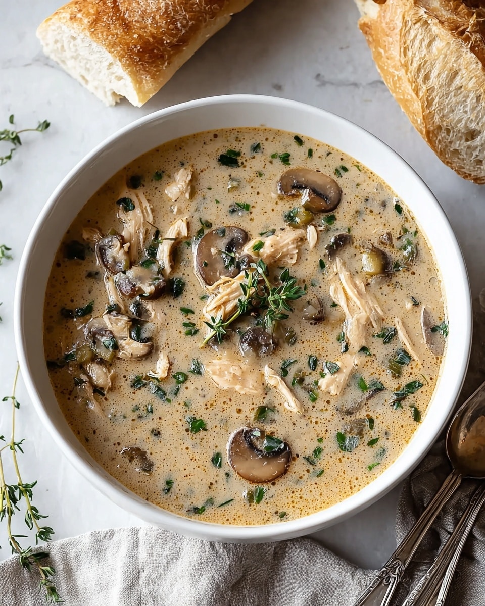 A white bowl filled with creamy mushroom chicken soup that has a light beige broth base mixed with green herbs and soft shredded white chicken pieces scattered throughout. Dark brown, sautéed mushroom slices sit on top along with small sprigs of fresh thyme. The bowl rests on a white marbled surface next to a large piece of crusty golden-brown bread on the upper left and a dark cloth napkin with two antique silver spoons on the right. Small green herb sprigs are scattered around the bowl. photo taken with an iphone --ar 4:5 --v 7